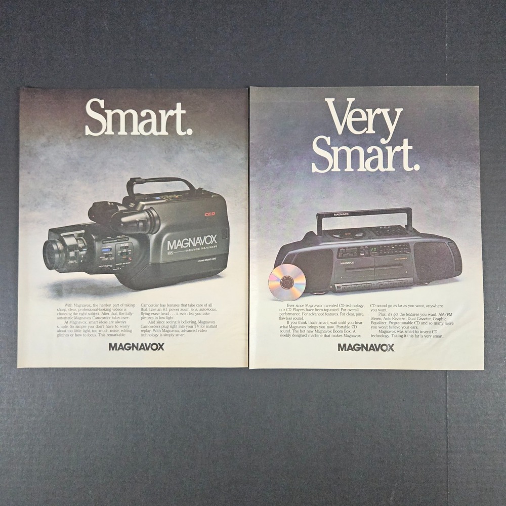 1989 Magnavox Movie Maker Camcorder Portable CD Boom Box Vintage Print Ad Smart‎
